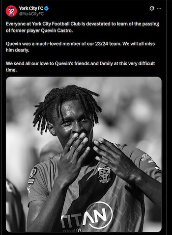 Captura de una publicación de York City FC con un texto en inglés y una fotografía en blanco y negro del futbolista Quevin Castro