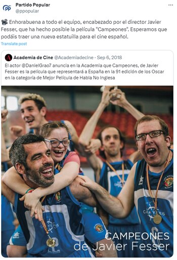 El Partido Popular celebrando que 'Campeones', de Javier Fesser, era la película seleccionada para representar a España en los Oscar (X)