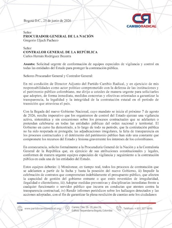 Cambio Radical solicitó a la Procuraduría y a la Contraloría reforzar la vigilancia sobre la contratación pública durante la transición de gobierno - crédito Cambio Radical