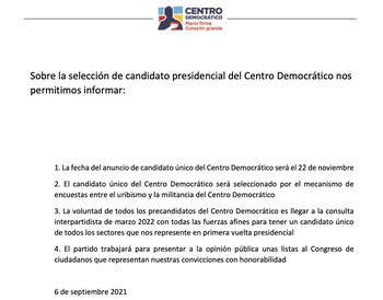 Comunicado del Centro Democrático para