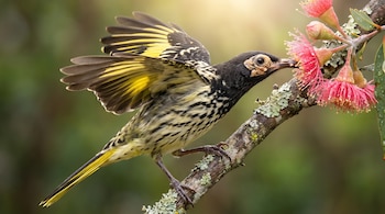 Ave de plumaje negro y amarillo posada en una rama, con las alas abiertas y el pico introducido en una flor rosada.