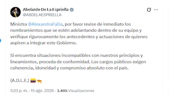 El presidente Abelardo de la Espriella pidió a la ministra de las TIC que revise los nombramientos que se estén adelantando dentro de su equipo - crédito @ABDELAESPRIELLA/X