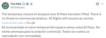 La FAA informó este 11