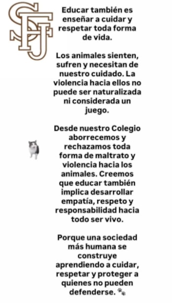 El comunicado del Colegio Francisco Javier de Temperley luego de que un alumno atacara brutalmente a un gato en la vía pública