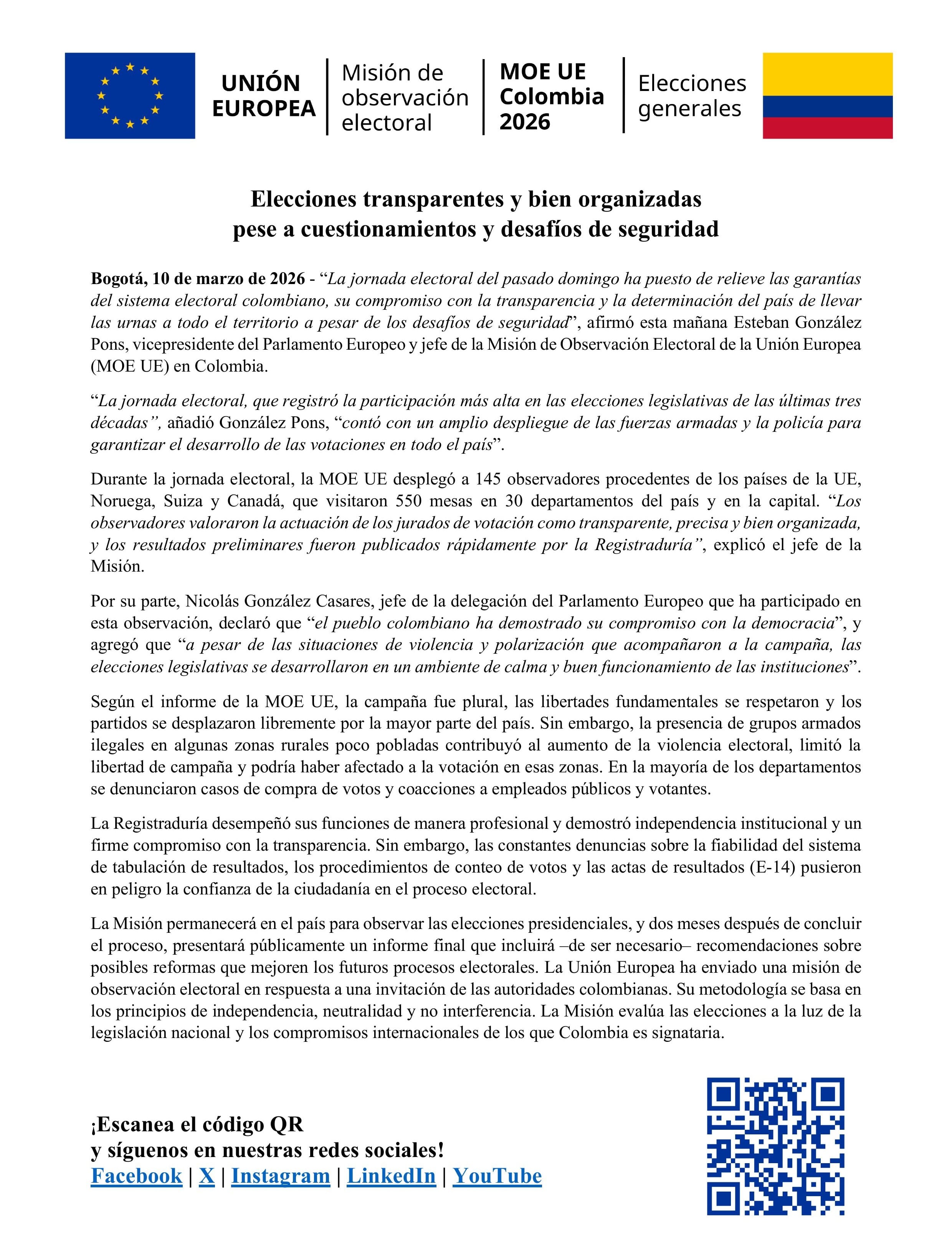 Comunicado oficial de la Misión de Observación Electoral de la Unión Europea (MOE UE), que calificó las elecciones legislativas en Colombia como transparentes - crédito MOE Unión Europea/X
