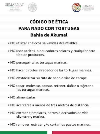 Un cartel blanco muestra el Código de ética para nado con tortugas Bahía de Akumal, con diez prohibiciones. Incluye logos de SEMARNAT y CONANP