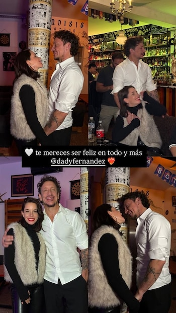 Collage de cuatro fotografías que muestran a Nico Vázquez y Dai Fernández. En las imágenes, la pareja se abraza, sonríe y se mira afectuosamente en un ambiente nocturno de bar