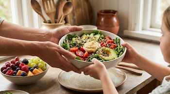 Primer plano de manos adultas y de un niño sosteniendo un tazón grande de ensalada con espinacas, tomates, aguacate, semillas y hummus, junto a un frutero.