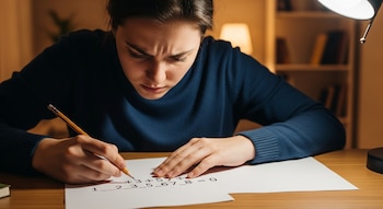 Joven con suéter oscuro concentrada, escribiendo con lápiz en un papel. Se ve un desafío matemático con números del 1 al 8 e incógnitas para signos, bajo luz de lámpara.