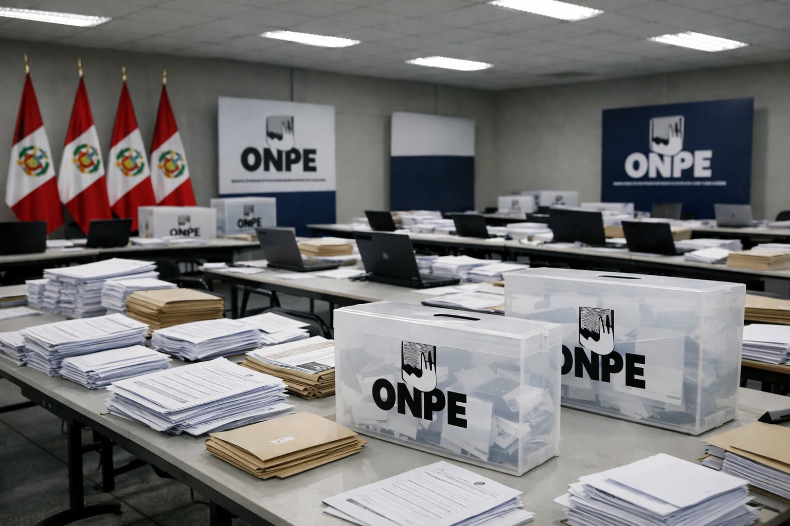 Una vista del meticuloso proceso de conteo electoral en la sala oficial de la ONPE en Perú, con mesas llenas de documentos, urnas y equipo informático listos para la verificación de votos. (Imagen Ilustrativa Infobae)