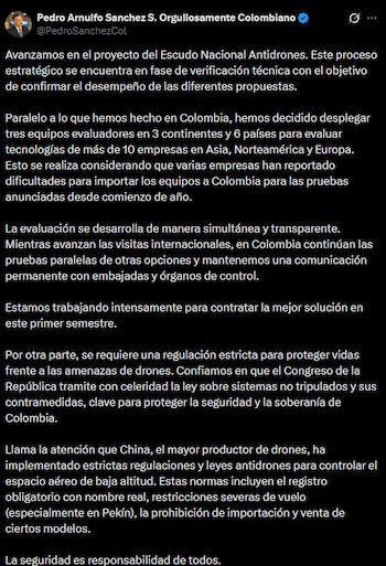 El ministro informó que la evaluación de tecnologías antidrones se realiza con participación de equipos colombianos en seis países. - crédito @PedroSanchezCol/X