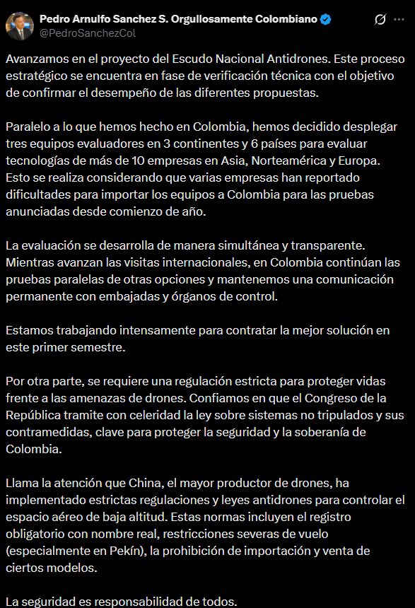 El ministro informó que la evaluación de tecnologías antidrones se realiza con participación de equipos colombianos en seis países. - crédito @PedroSanchezCol/X