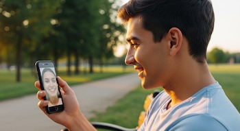 Un joven mira la pantalla de un teléfono móvil negro que muestra el rostro sonriente de una mujer, con árboles y un camino de fondo.