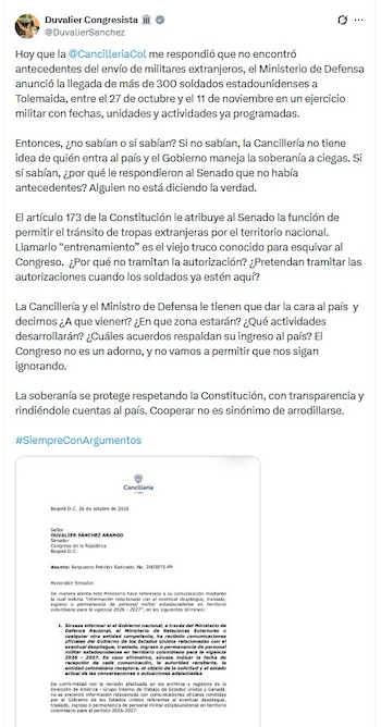 Sánchez compartió la noche del lunes 26 de octubre la respuesta al derecho de petición que envió a la Cancillería - crédito @DuvalierSanchez/X