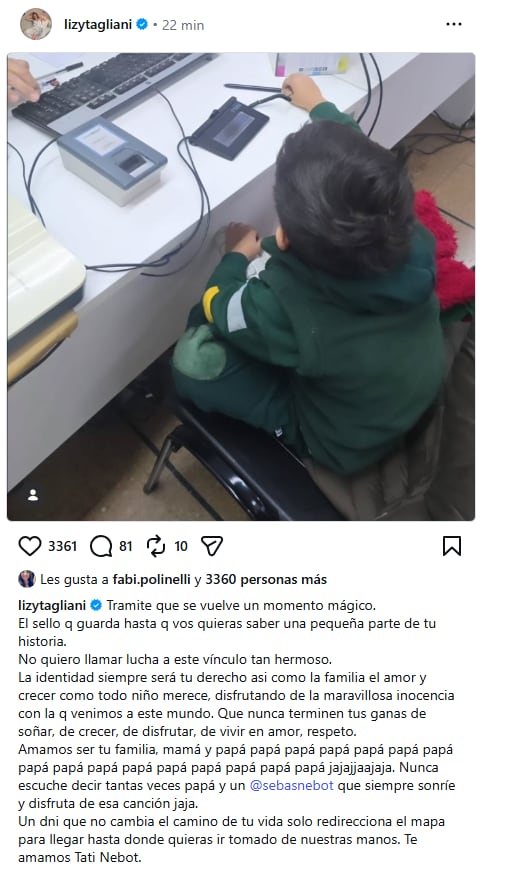 Tati, el hijo de Lizy Tagliani y Sebastián Nebot, consiguió llevar el apellido de su papá luego de un largo proceso en la adopción del pequeño (Instagram)