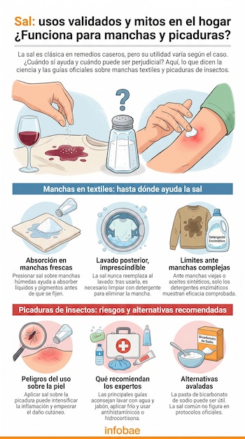 Infografía: Usos de la sal para manchas y picaduras. Muestra sal en una mancha de vino y en una picadura, con iconos de lavadora, detergente enzimático y bicarbonato.