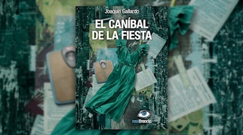 Portada del libro 'El Caníbal de la Fiesta' de Joaquín Gallardo, con un vestido verde y una balanza, un ojo azul y fondo abstracto con papeles.