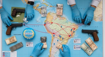 Vista cenital de manos con guantes de látex azul sobre un mapa de América Latina con rutas rojas y pines azules, rodeado de pistolas, paquetes de droga, billetes y logos de Interpol y OEA.