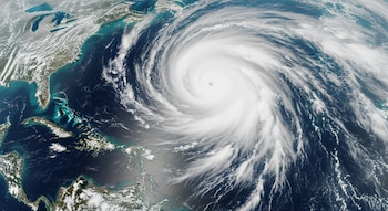 Vista satelital del Océano Atlántico con una tormenta tropical, bandas de nubes en espiral y la costa este de América del Norte con islas caribeñas.