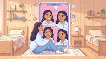 Una joven sentada en el suelo de una habitación de madera clara, mira un smartphone con pantalla rota que muestra cuatro expresiones faciales. Iconos de redes sociales flotan alrededor.