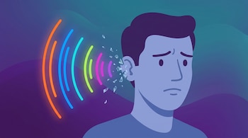 Ilustración de una persona de perfil con ondas de sonido coloridas que se fragmentan junto a su oído. El fondo es un degradado violeta y azul.