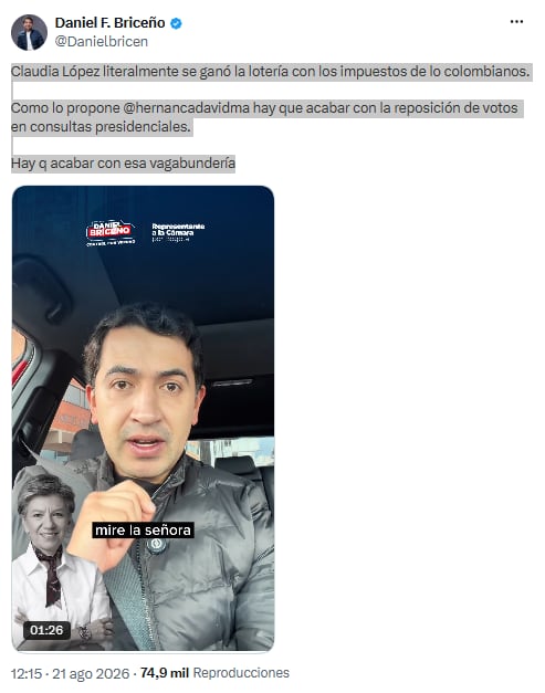 Daniel Briceño impulsa debate nacional por millonaria reposición de votos en Colombia - crédito @Danielbricen/X