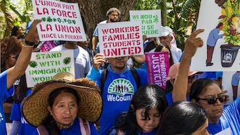 Cientos de manifestantes y trabajadores de viveros de Miami-Dade exigen mayores garantías de seguridad laboral frente al calor extremo en Florida (Captura El Nuevo Herald)