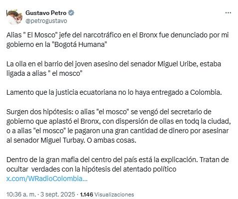 Alias Mosco, presidente Petro se pronunció sobre el accionar criminal del delincuente que sería uno de los responsables del magnicidio del senador Miguel Uribe Turbay - crédito @peteogustavo/X
