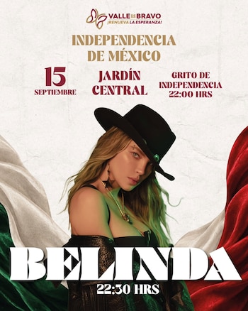 Belinda se presenta gratis este 15 de septiembre en el Jardín Central de Valle de Bravo como cierre del Día de la Independencia. (Facebook/ Dra. Michelle Núñez)