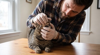 Hombre con camisa a cuadros y guantes examina la boca de un gato atigrado recostado sobre una mesa de madera.