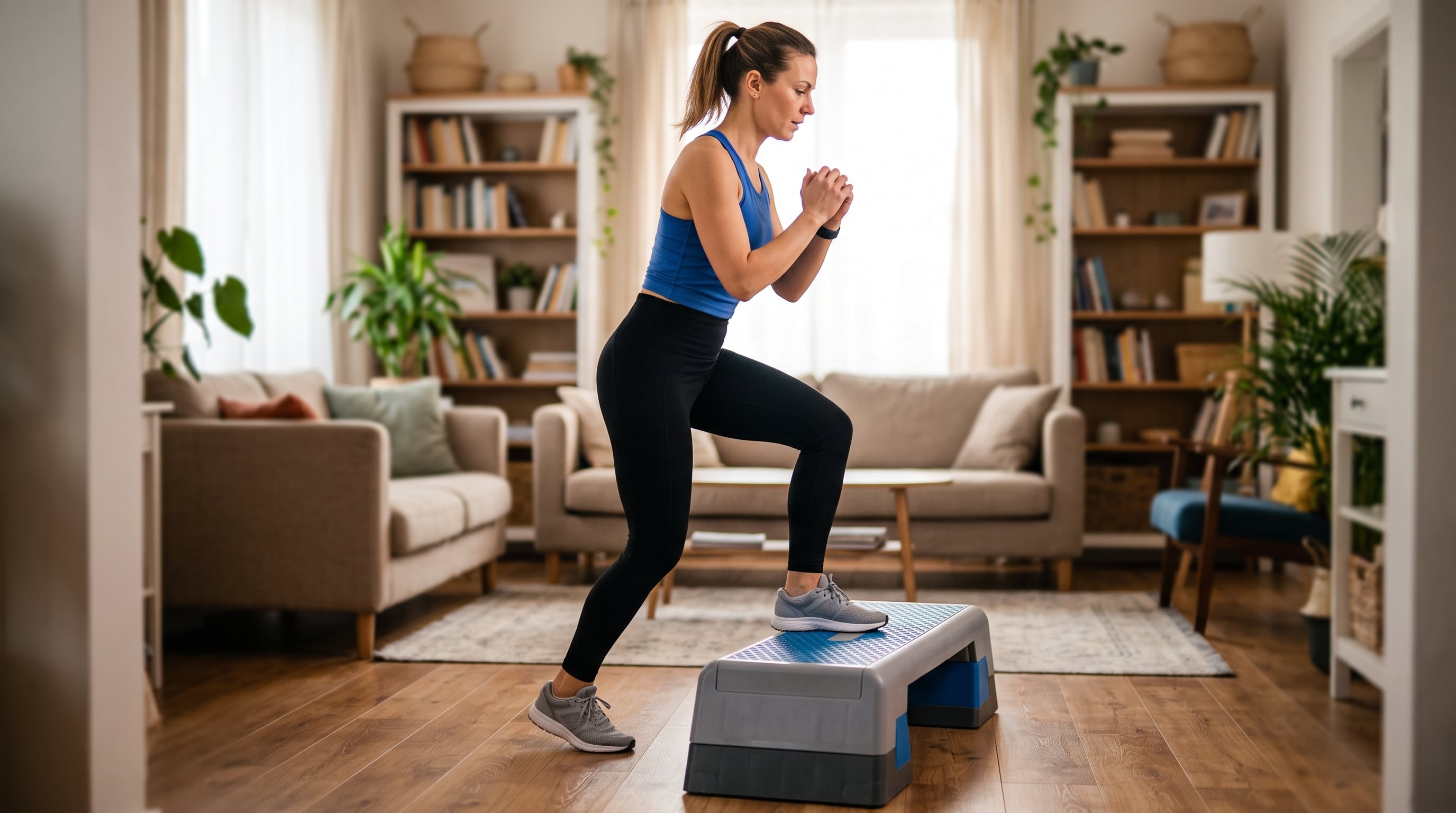 El step-up o subida de escalón trabaja cuádriceps y glúteo con un banco o escalón. (Imagen Ilustrativa Infobae)