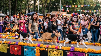 Tres gatos con accesorios festivos caminan sobre un escenario adornado con flores amarillas y papel picado junto a sus dueñas.