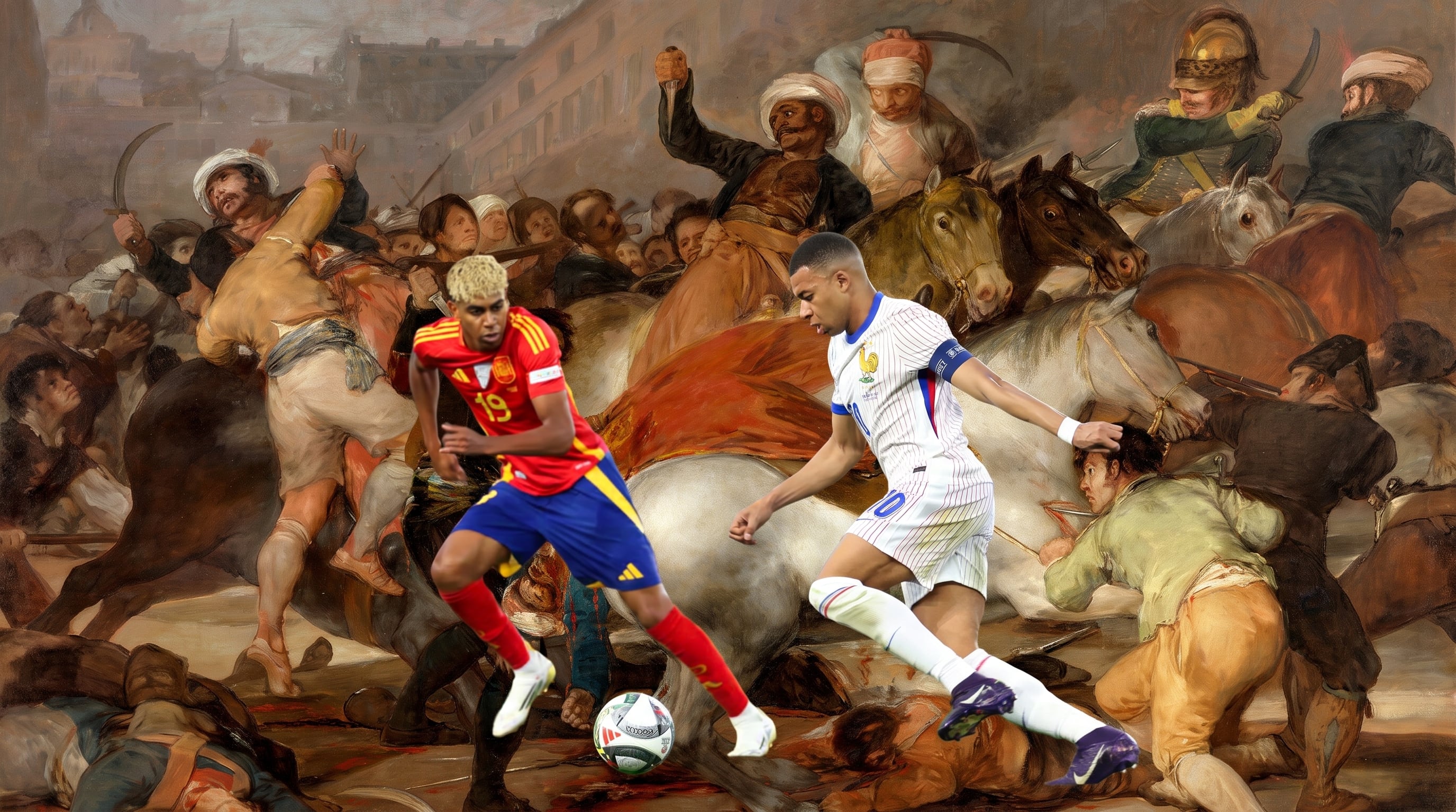 Lamine Yamal y Kylian Mbappé se disputan la pelota frente al cuadro
