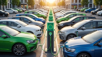 Estacionamiento con coches eléctricos de diversos colores cargándose en estaciones con el logo de la Unión Europea bajo luz solar y edificios.