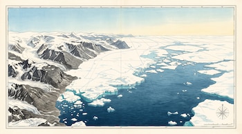 Ilustración en perspectiva de montañas nevadas, un glaciar, bloques de hielo flotante en el mar, líneas de coordenadas y una rosa de los vientos