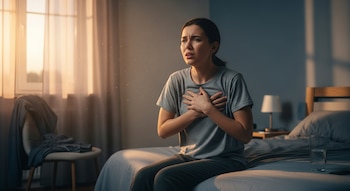 Mujer sentada en el borde de la cama con las manos en el pecho y una expresión de esfuerzo. Luz solar tenue entra por la ventana de un dormitorio.