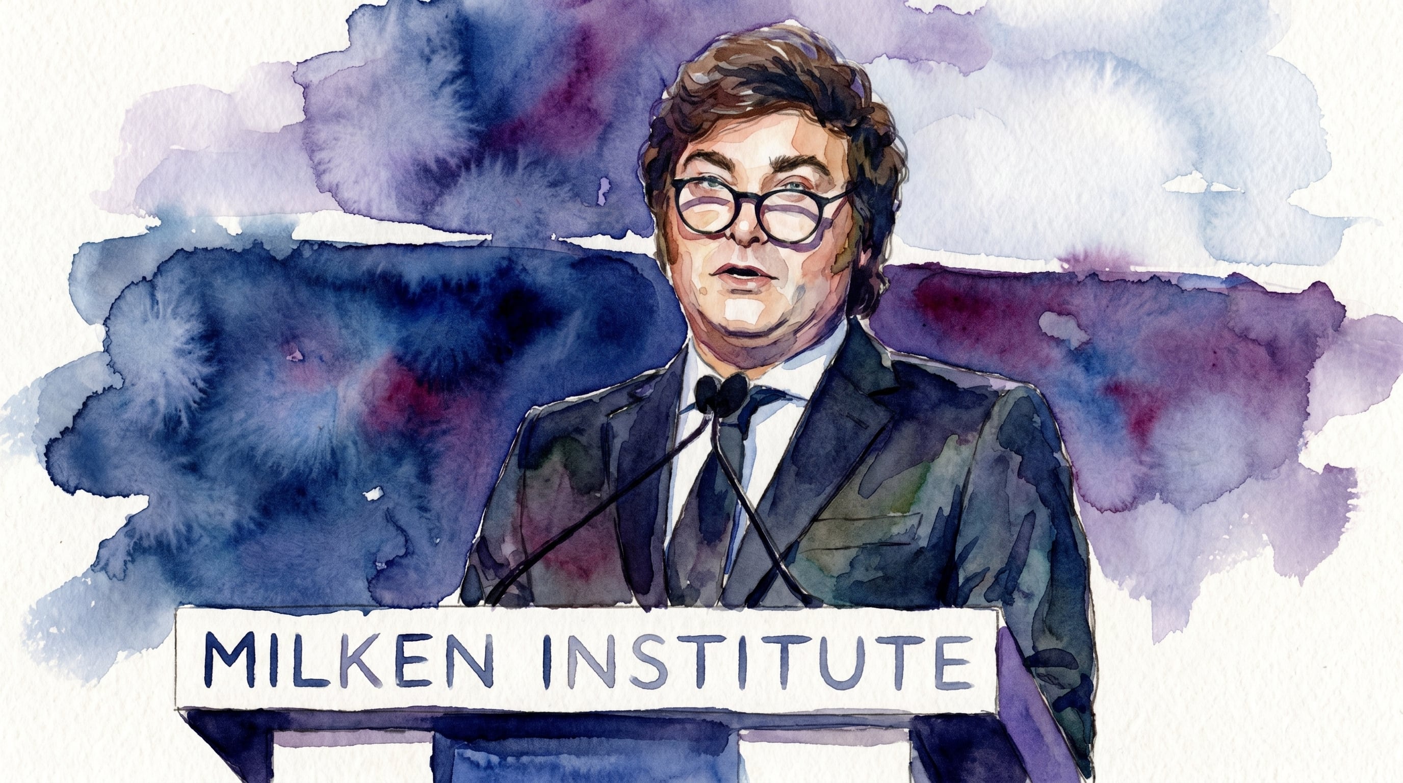 Una ilustración en acuarela de Javier Milei con gafas hablando en un podio del Milken Institute (Imagen Ilustrativa Infobae)