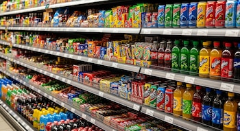 Estantes de supermercado repletos de una gran variedad de dulces envasados, golosinas de colores, refrescos embotellados y latas de bebidas carbonatadas.