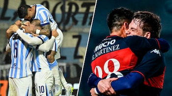 Dos paneles. Izquierda: tres jugadores con camiseta celeste y blanca celebran. Derecha: dos jugadores con camiseta azul y roja; uno con 'Martinez 08'