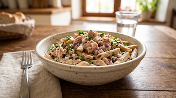 Plato hondo con pasta corta, trozos de atún, cebolla picada y hierbas, situado junto a un tenedor y un vaso de agua sobre una mesa.