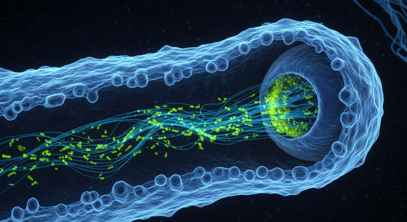 Esta imagen de microscopía de fluorescencia de alta resolución muestra el vibrante interior de una célula viva, con corrientes internas que impulsan moléculas de proteínas fluorescentes hacia su borde, destacando la membrana y el citoesqueleto (Imagen Ilustrativa Infobae)