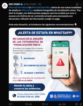 Publicación digital con una infografía que incluye un teléfono celular con la aplicación WhatsApp, textos informativos y logotipos institucionales