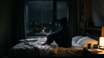 Una persona sentada en una cama deshecha frente a una ventana de noche, junto a una mesa con una lámpara encendida y un reloj digital.