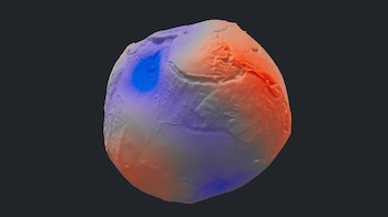 Representación tridimensional del geoide terrestre con contornos de continentes, mostrando variaciones de color azul a naranja y texto inferior