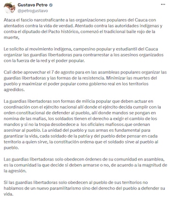 Gustavo Petro llamó a organizar guardias libertadoras ante ola de violencia en el Cauca - crédito @petrogustavo/X