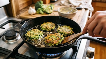 Sartén de hierro con cuatro buñuelos sobre el fuego, una mano con espátula de madera y una tabla con brócoli crudo y ajo al fondo.