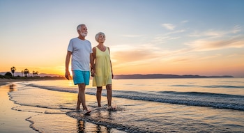 Una pareja de personas mayores, un hombre y una mujer, camina descalza por la orilla del mar al atardecer, con el agua hasta los tobillos.
