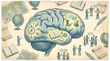 Ilustración de un cerebro humano rodeado de mapas, globos terráqueos, libros abiertos, pergaminos, una pluma y grupos de personas conversando.