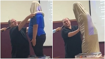 Imágenes del profesor colocando el