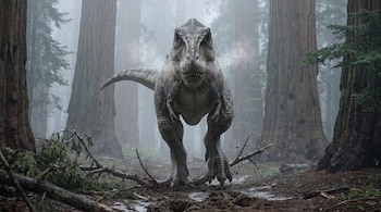 Un tiranosaurio rex camina de frente sobre barro y ramas caídas entre grandes troncos de árboles en un entorno cubierto de niebla.